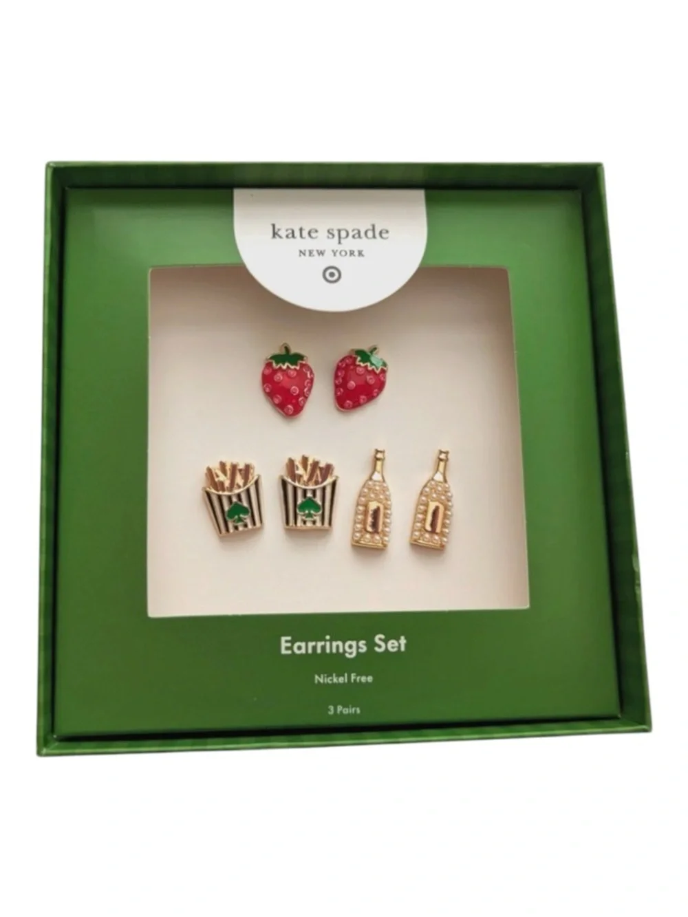 Kate Spade x Target stud Earrings Set with Strawberries, Fries & Champagne NIB - Picture 2 of 11